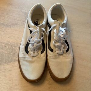 Vans Men's White and Black Sneakers with Brown Sole